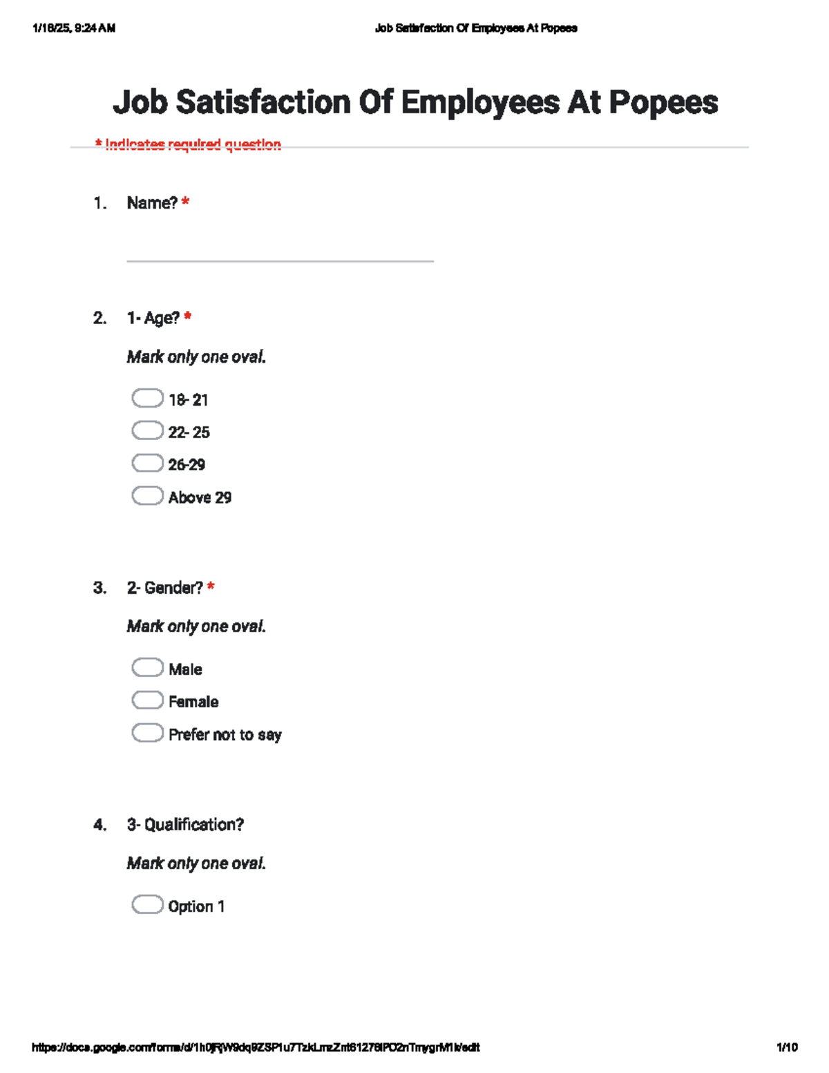 Job Satisfaction Questionnaire for Employees at Popees - Studocu