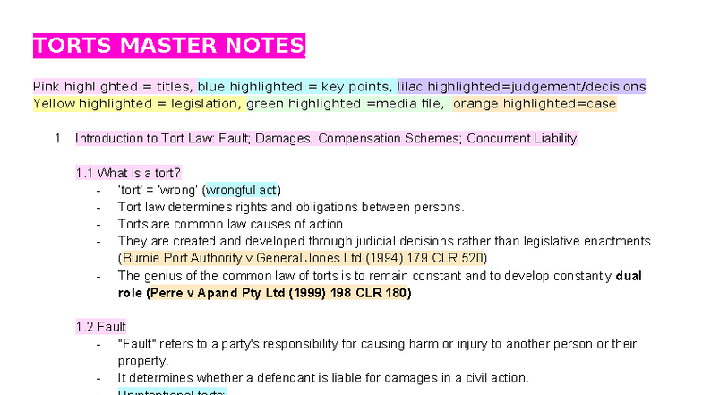 TORTS 101: Comprehensive Master Notes on Tort Law Principles - Studocu