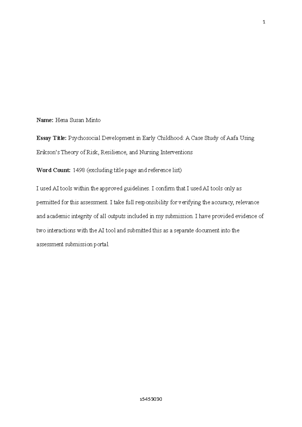 Psychosocial Development in Early Childhood: A Case Study of Aafa (NURS ...
