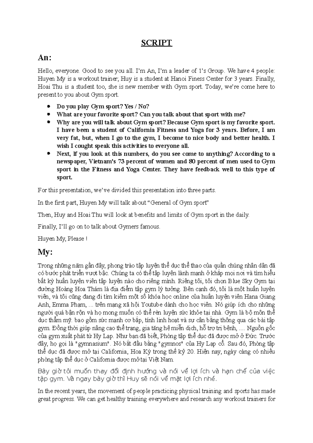Gym Sport Presentation Script - Group 1's Overview and Benefits - Studocu