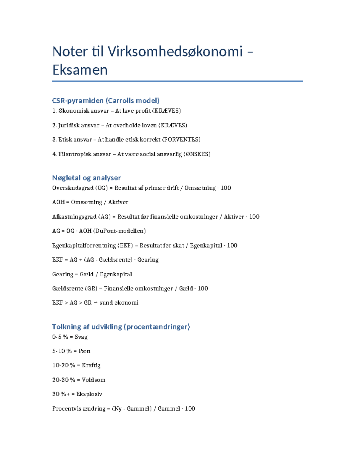 Virksomhedsøkonomi Noter – Eksamen 2023: CSR, Nøgletal & Regnskab - Document Preview