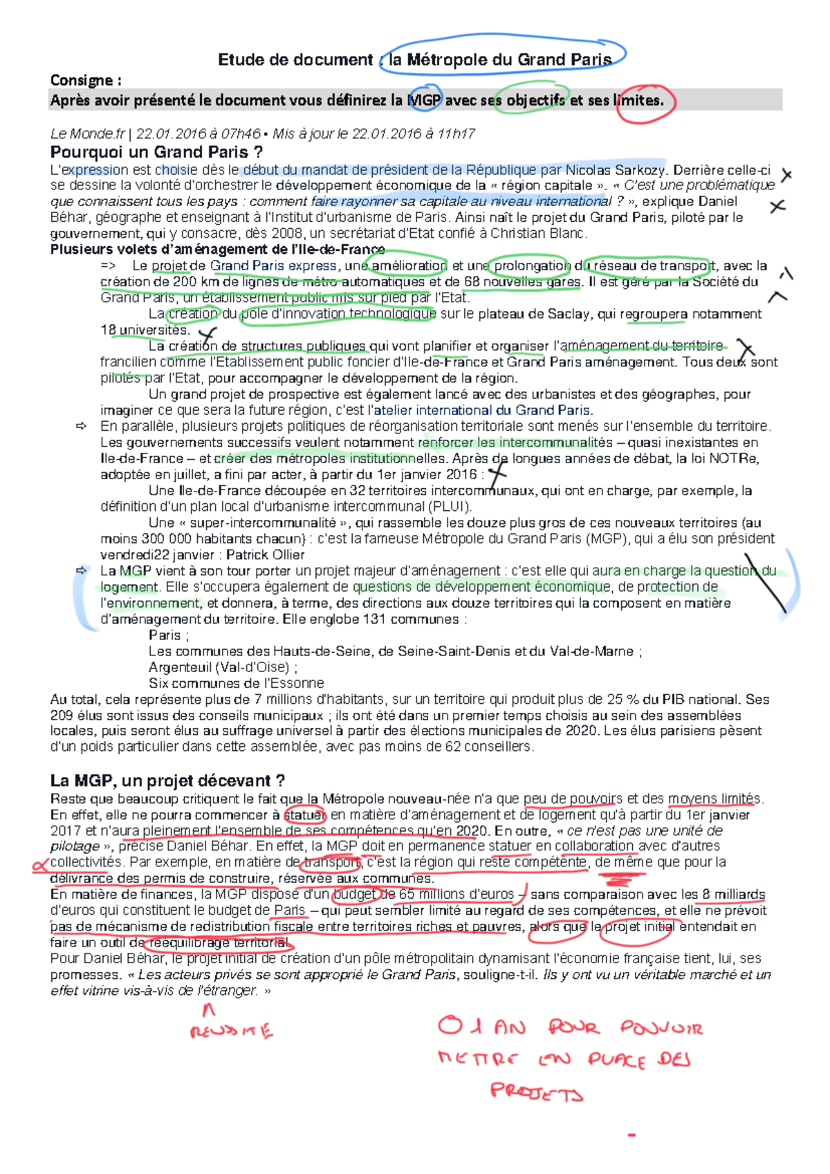 Article du Monde MGP - La metropole du grand paris - Etude de document ...