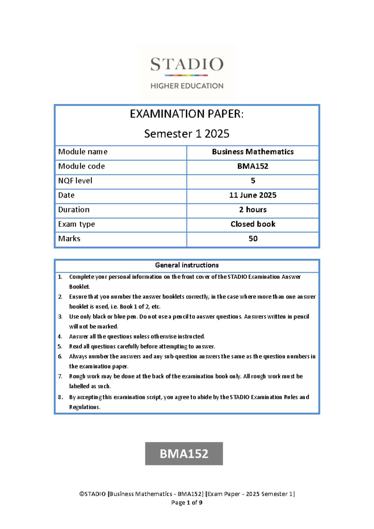 BMA152 2025 Semester 1 Business Mathematics Exam Paper - Studocu
