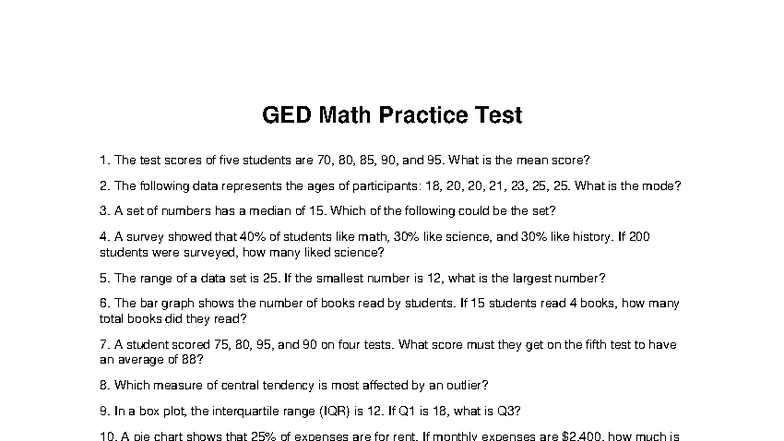 GED Math Practice Test - Study Notes - Studocu