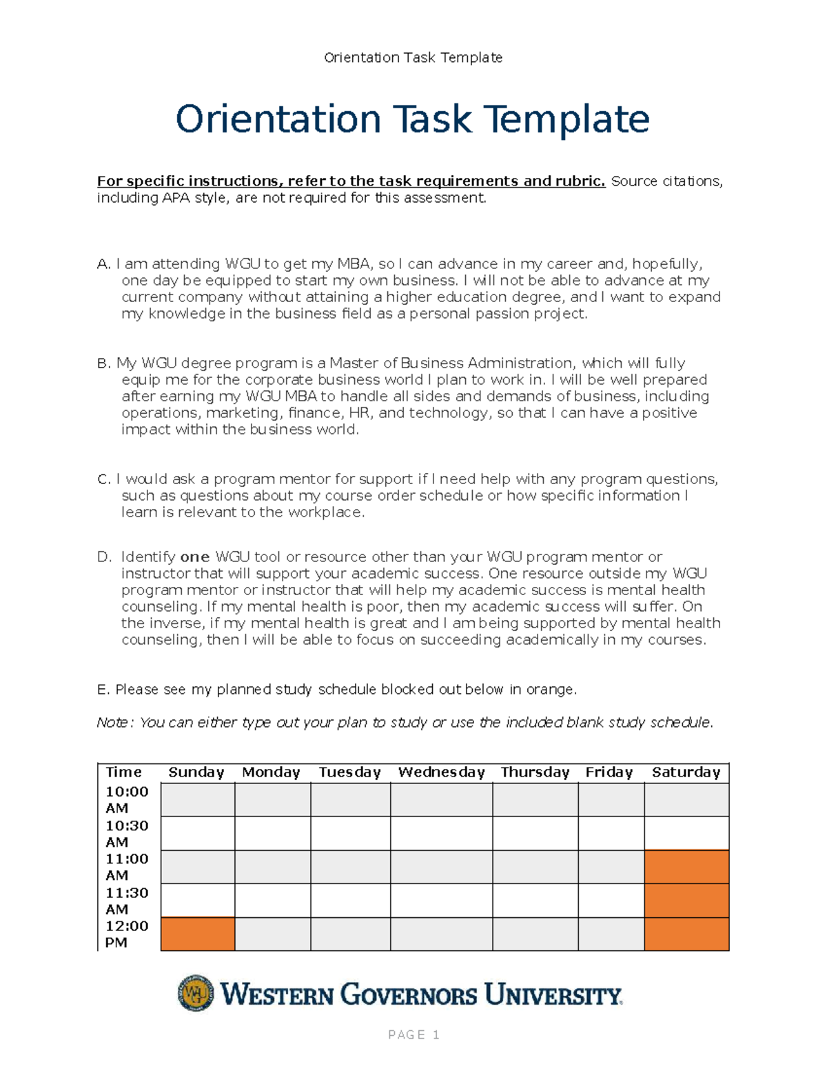 WGU MBA Orientation Task Template and Study Plan - Studocu