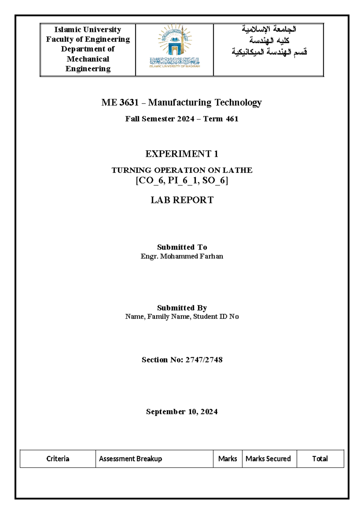 ME 3631 Manufacturing Technology Lab Report: Turning, Shaping ...