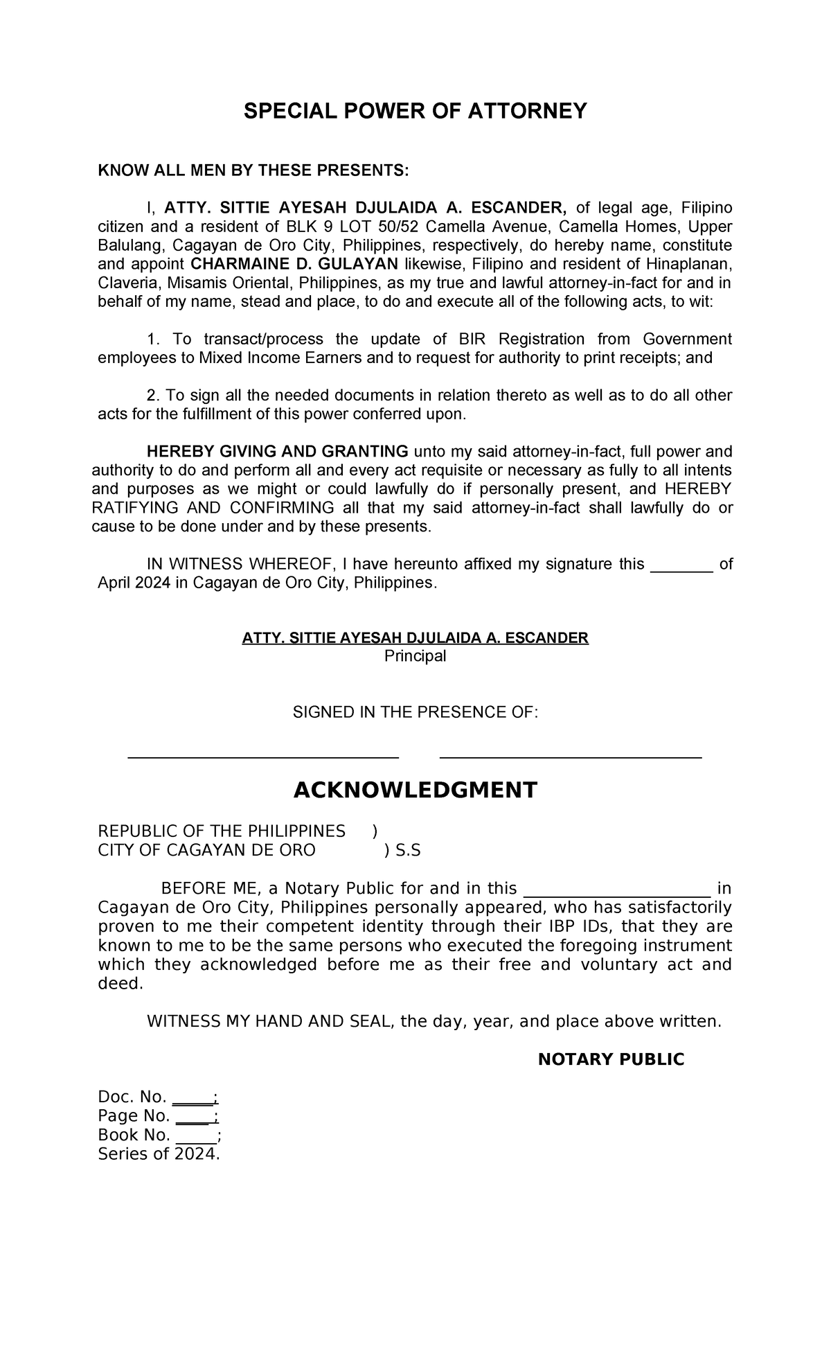 SPA BIR - SPECIAL POWER OF ATTORNEY DOCUMENT TEMPLATE - Studocu