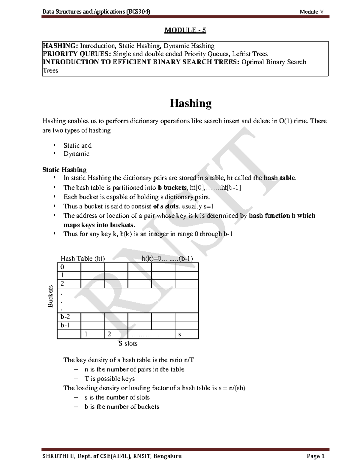 Module 5 Notes: Hashing, Priority Queues, and Binary Search Trees - Studocu