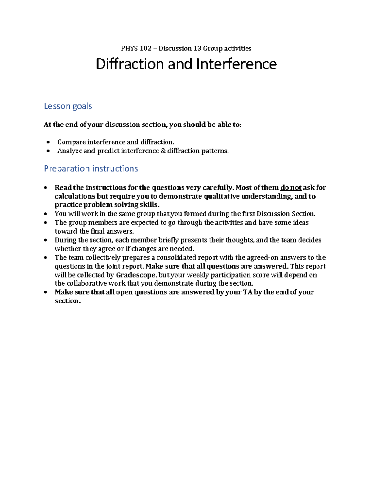PHYS 102 Discussion 13: Exploring Diffraction and Interference Patterns ...
