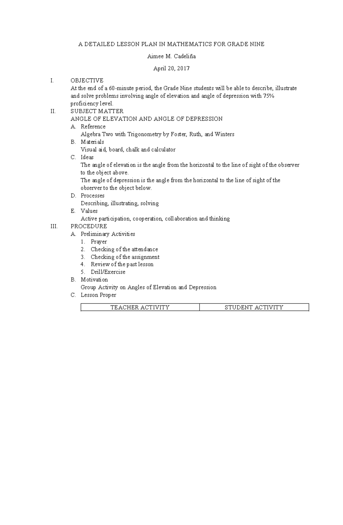 A Detailed Lesson PLAN IN Mathematics FO - A DETAILED LESSON PLAN IN ...