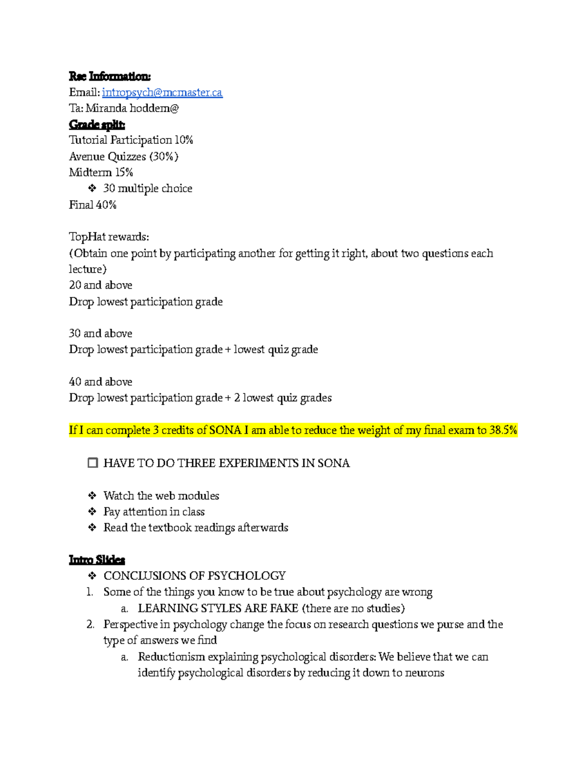PSYCH 1X03 - Comprehensive Module, Lecture & Textbook Notes Overview ...