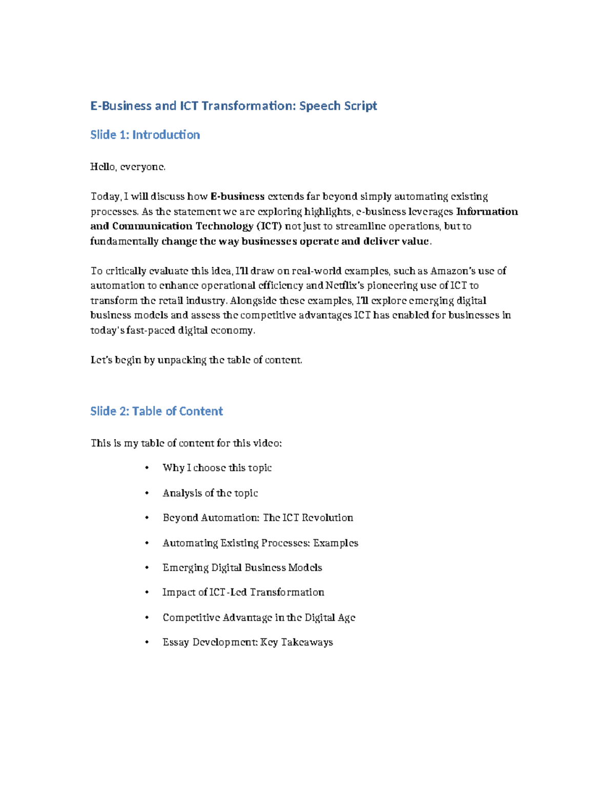 E-Business Speech Script - E-Business and ICT Transformation: Speech ...