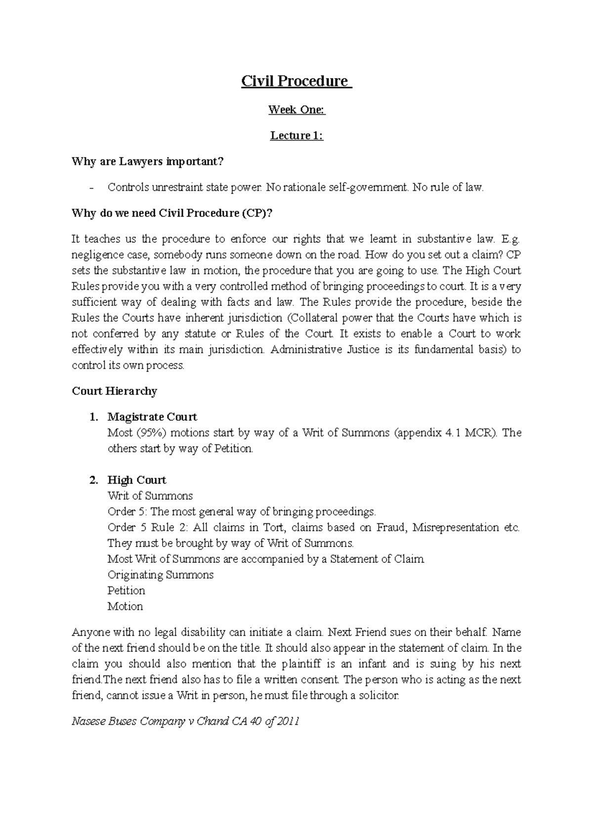 Civil Procedure Lecture Notes (CIV 101) - Comprehensive Overview - Studocu