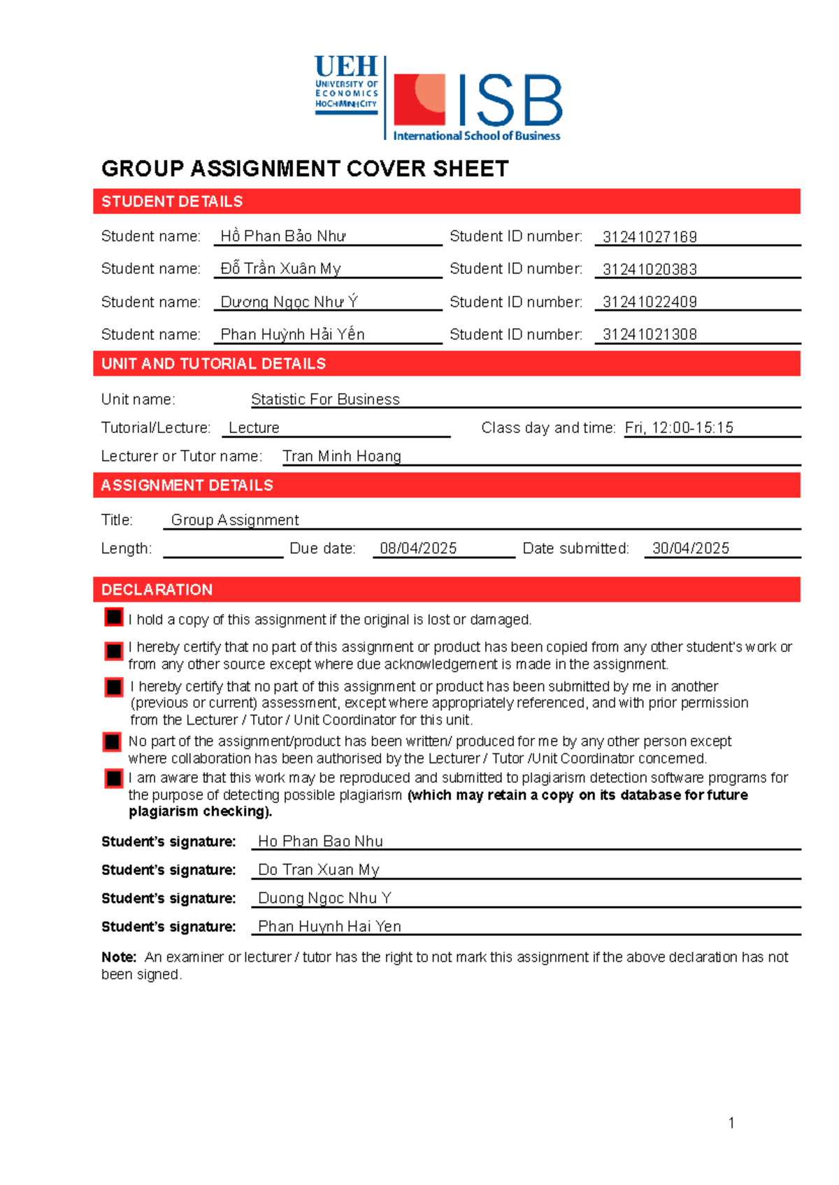 SB20 - Group Assignment Cover Sheet and Task Allocation - Studocu