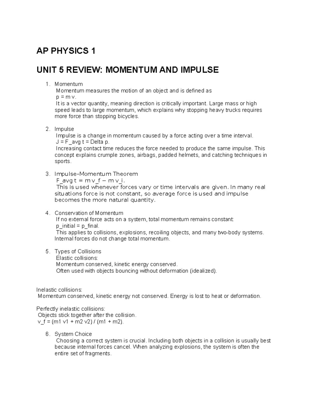 AP PHYSICS 1 UNIT 5 REVIEW: MOMENTUM & IMPULSE SUMMARY - Studocu