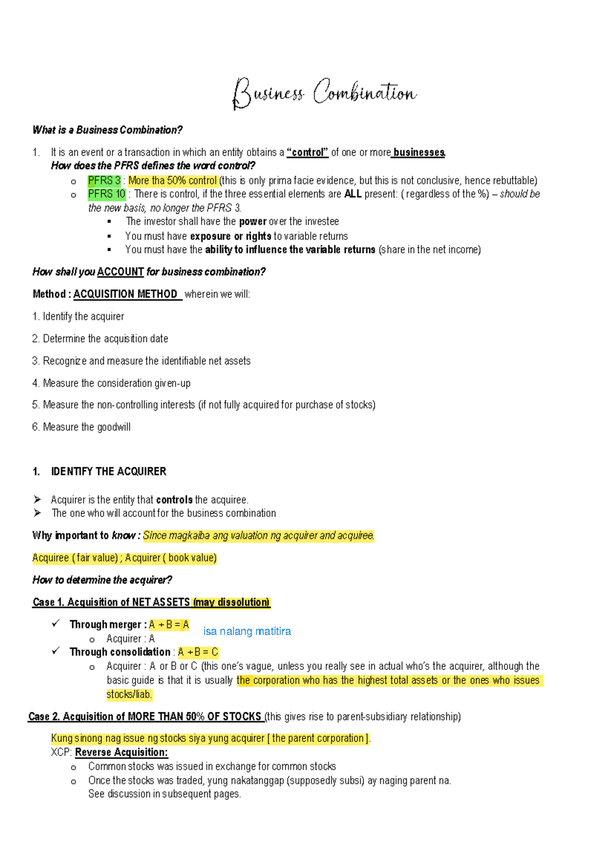 Bus Com: Key Notes on Business Combinations and Acquisition Date - Studocu