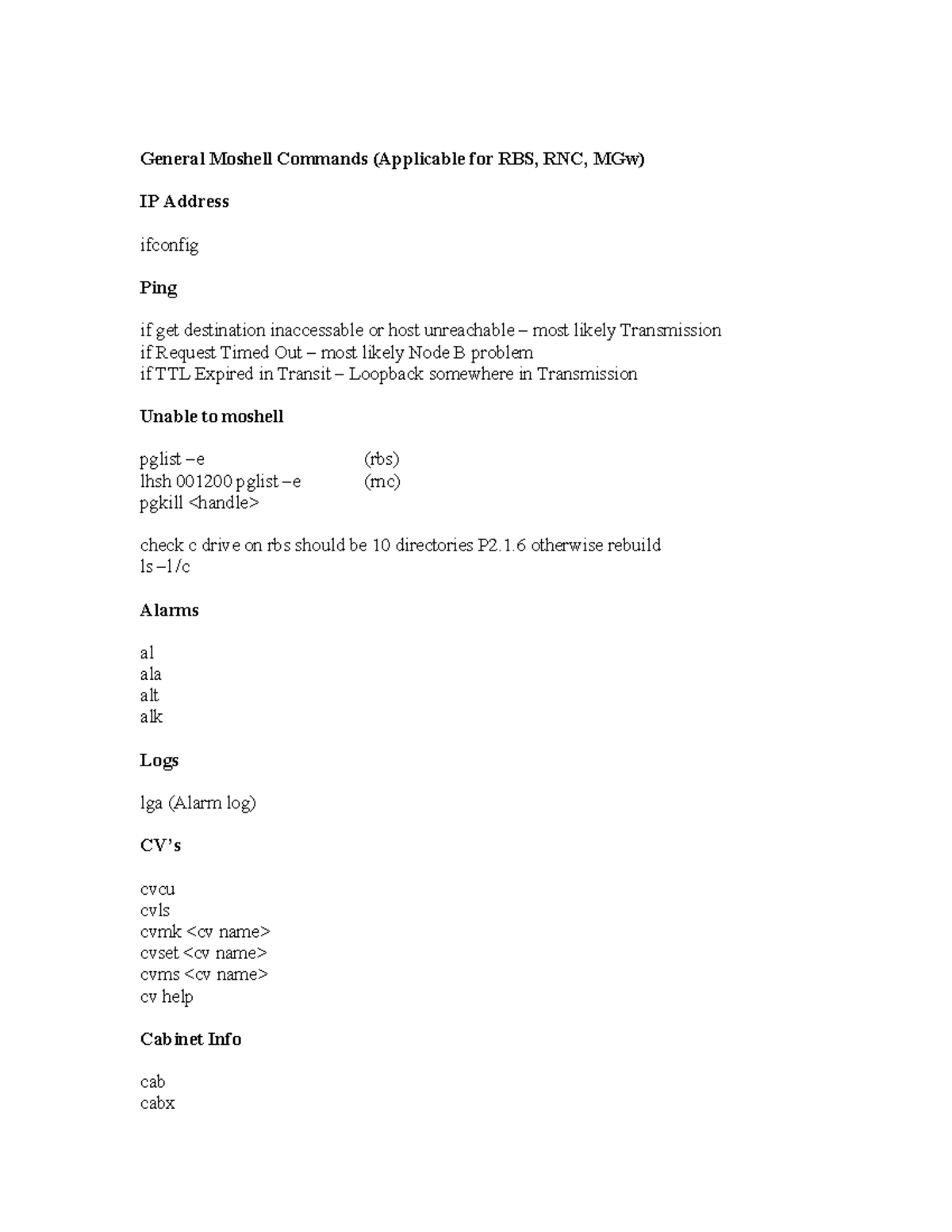 General Moshell Commands Guide for RBS, RNC, MGw Systems - Studocu