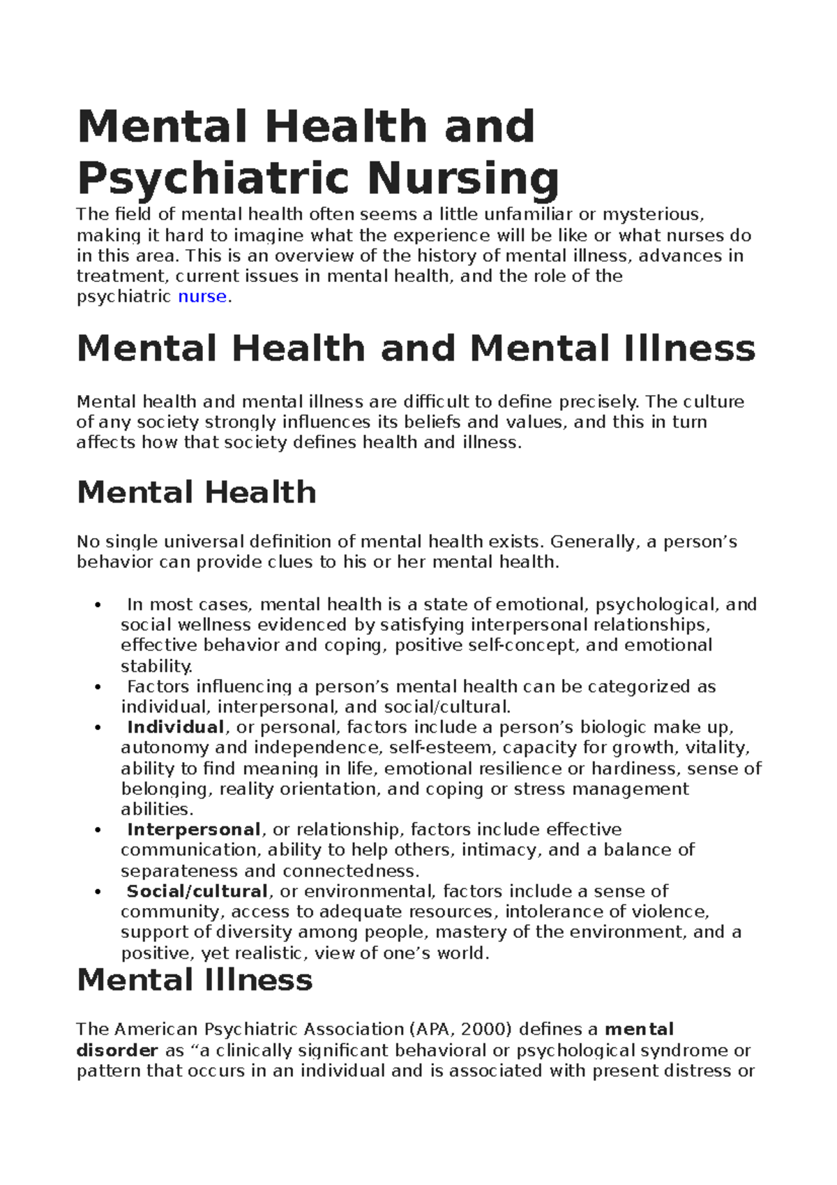 Mental Health and Psychiatric Nursing - Mental Health and Psychiatric ...