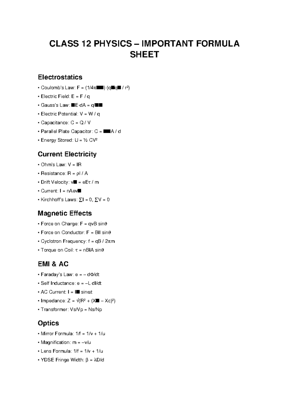 Class 12 Physics Important Formula Sheet: Electrostatics & More - Studocu