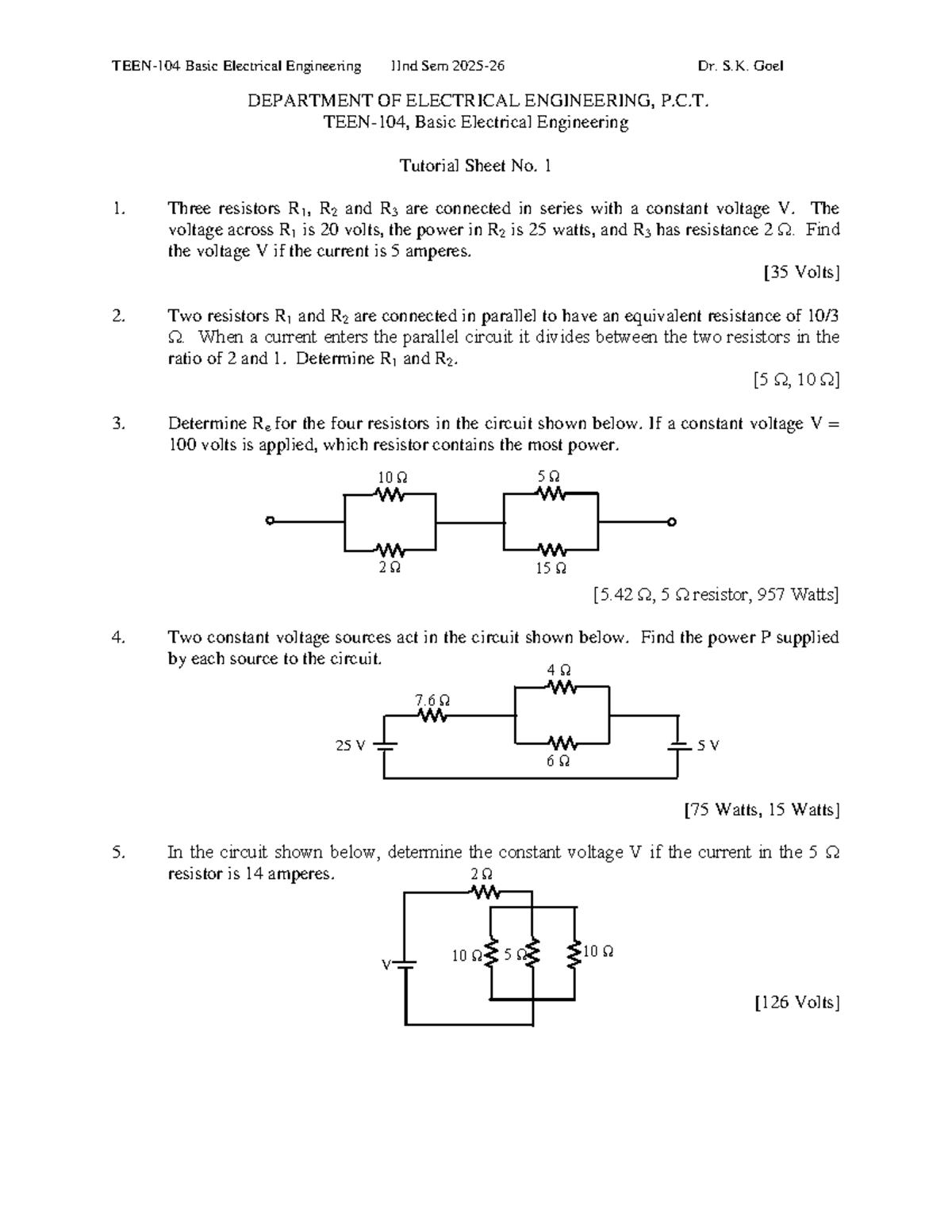 Basic Electrical Engineering IInd Sem Tutorial Sheet Collection - Studocu