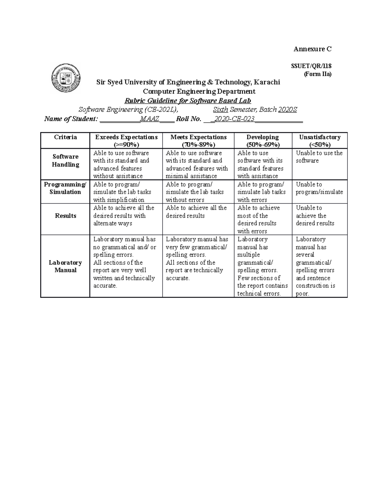 Rubric Guidelines for Software Engineering Lab (CE-202L) - Studocu