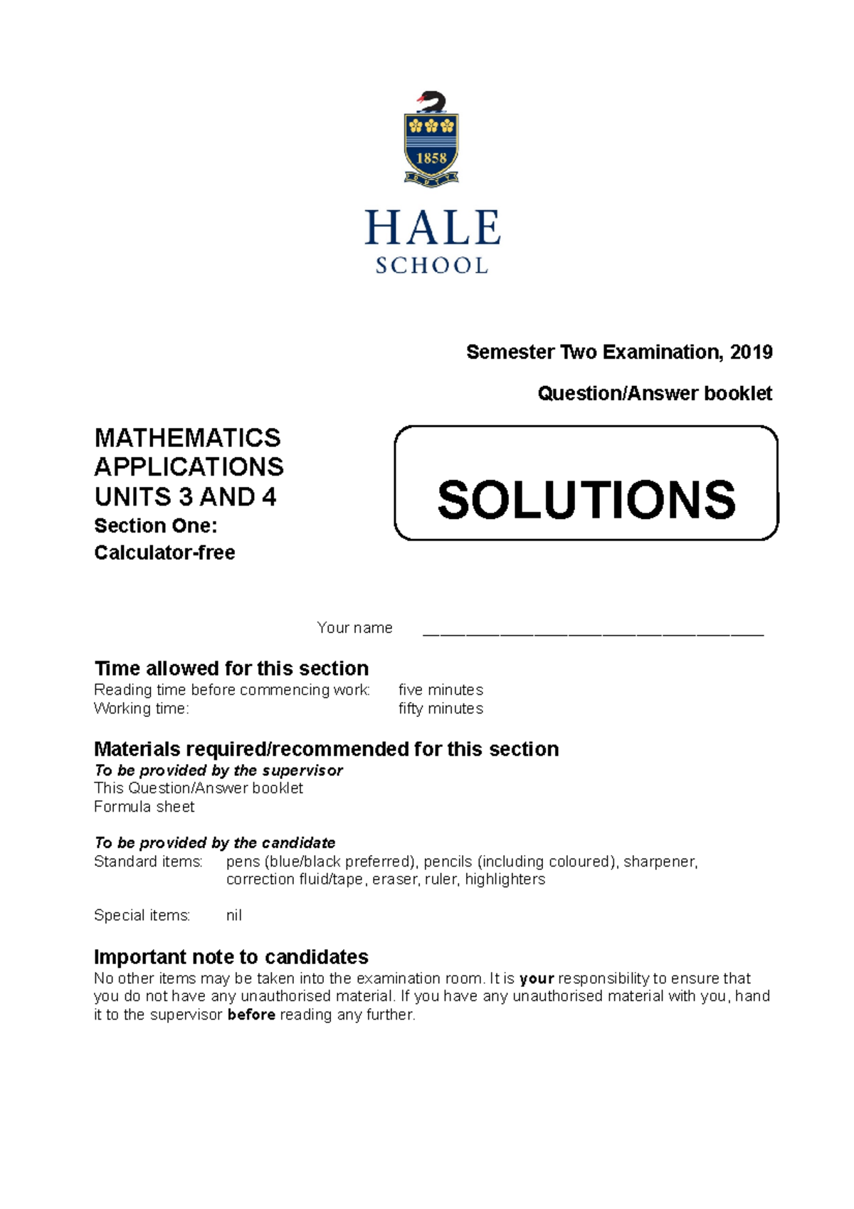 2019 12 APPS S2 Exam Mathematics Applications Calc-Free Solutions - Studocu