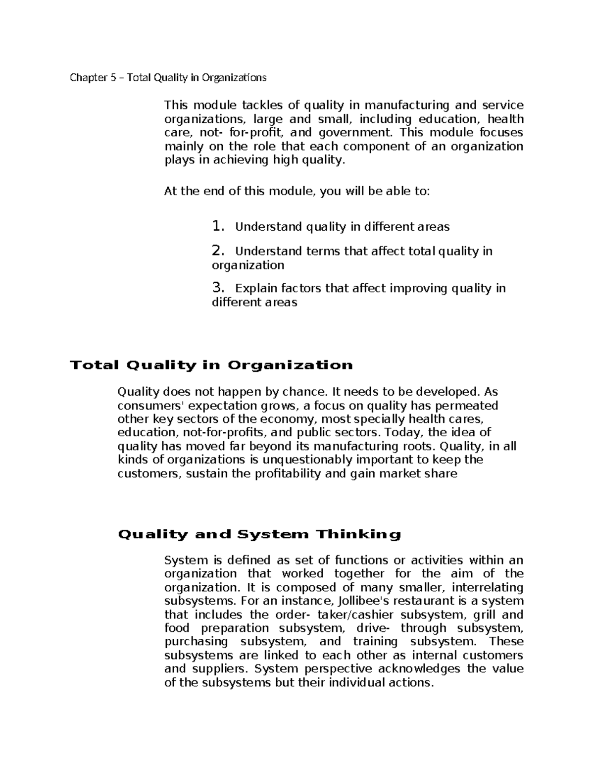 Chapter 5 - Total Quality in Organizations - Chapter 5 – Total Quality ...