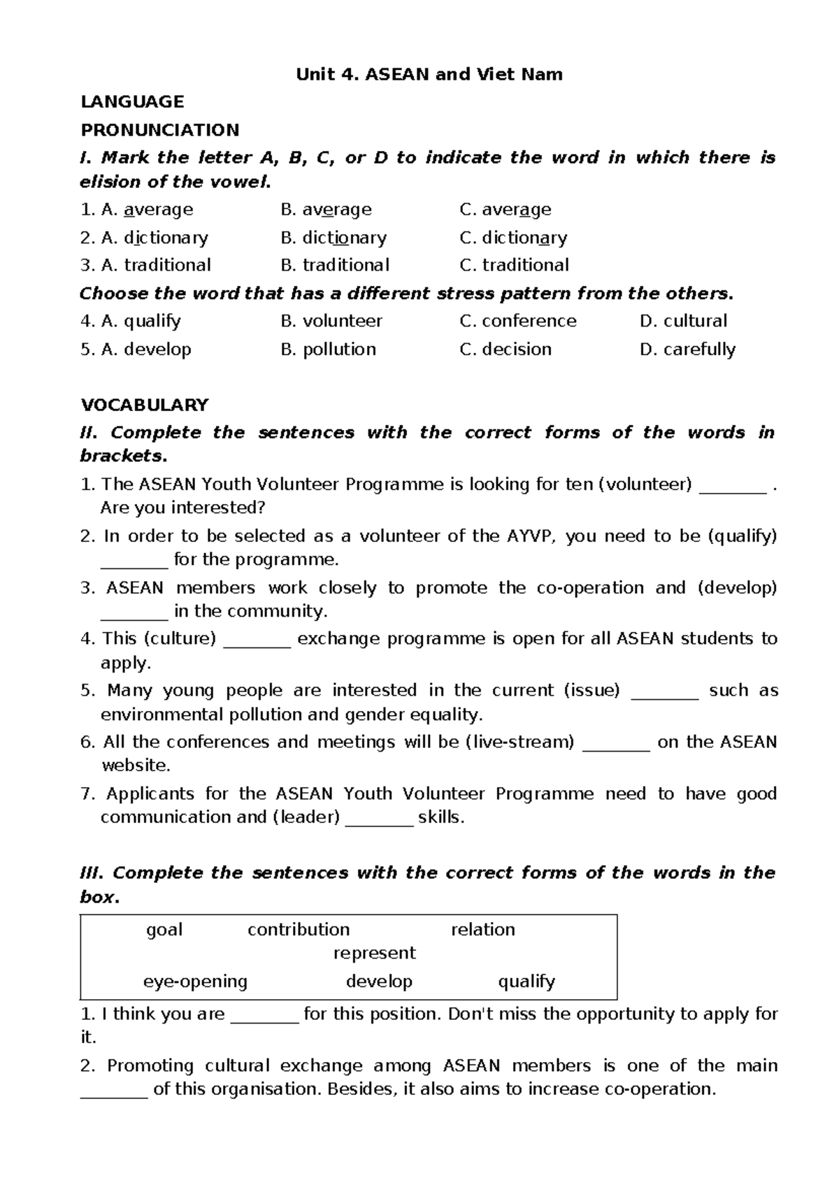 Unit 4: ASEAN and Viet Nam - Language Pronunciation & Vocabulary ...