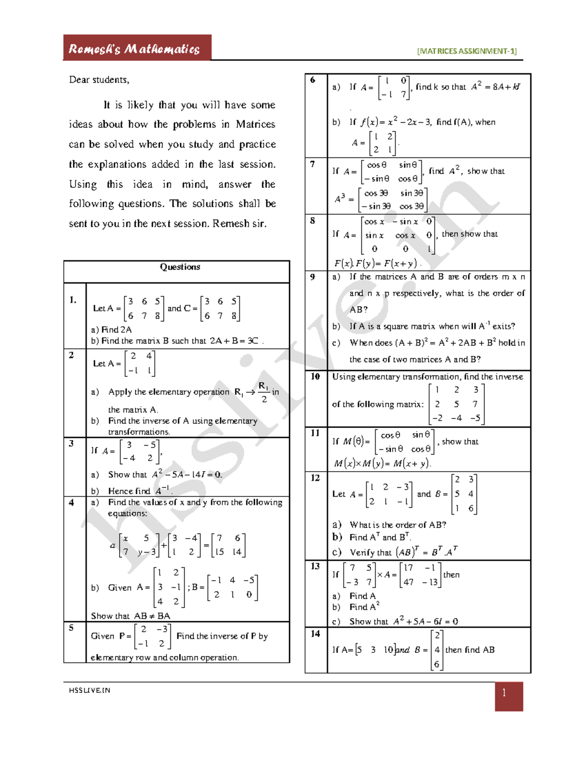 Matrices Assignment 1 - Guide for Problem Solving Techniques - Studocu