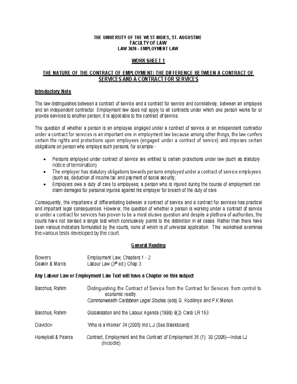 LAW 3020 - Employment Law Worksheet: Contracts of Service vs. Services ...