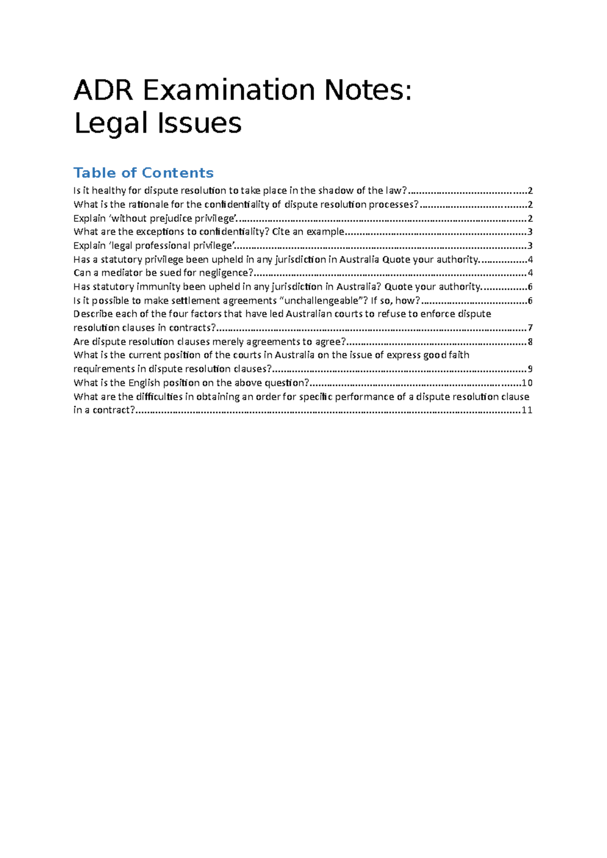 ADR Exam Notes - Legal - ADR Examination Notes: Legal Issues Table of ...