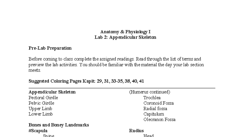 Anatomy Physiology I Lab 2: Appendicular Skeleton Study Guide - Studocu