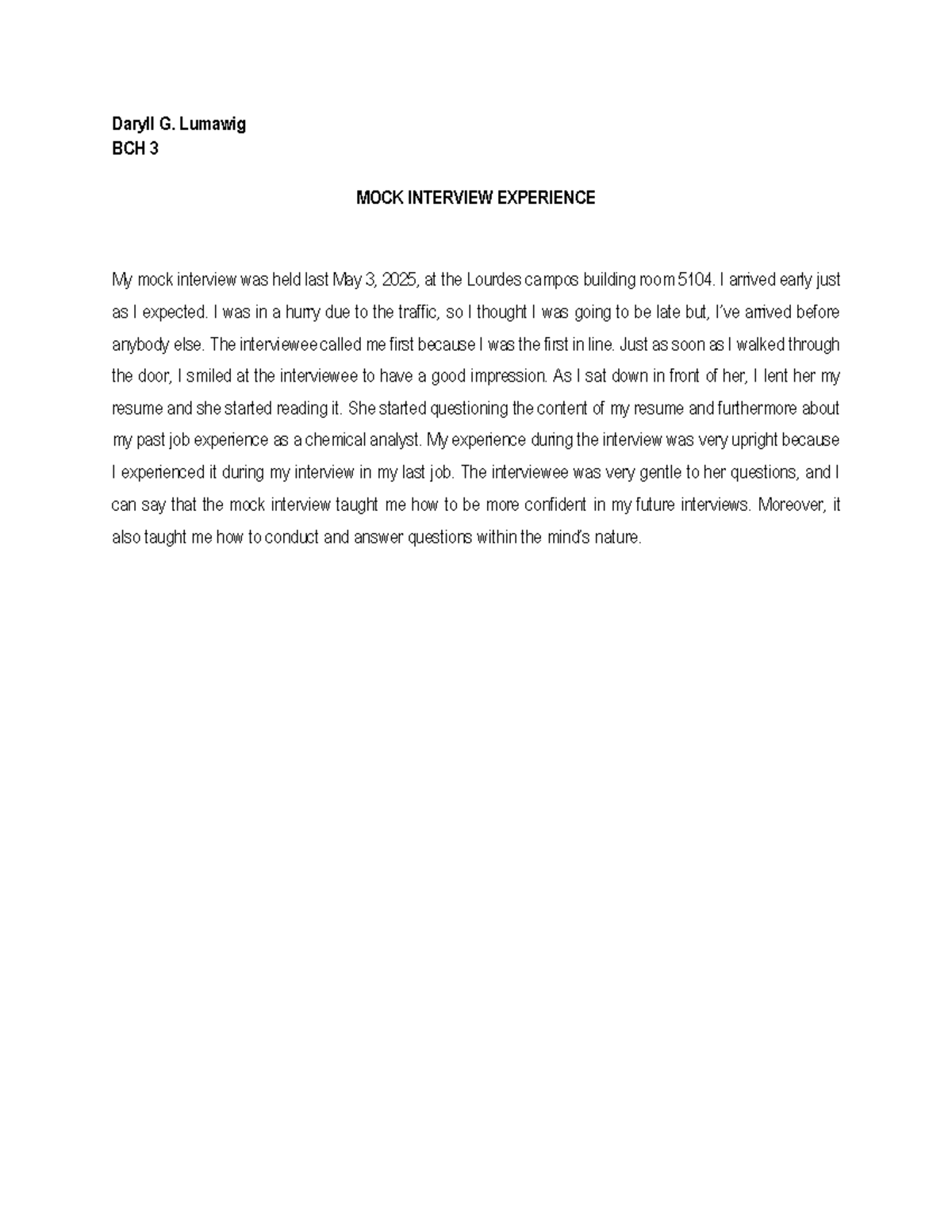 BCH 3 Mock Interview Experience Reflection - Studocu