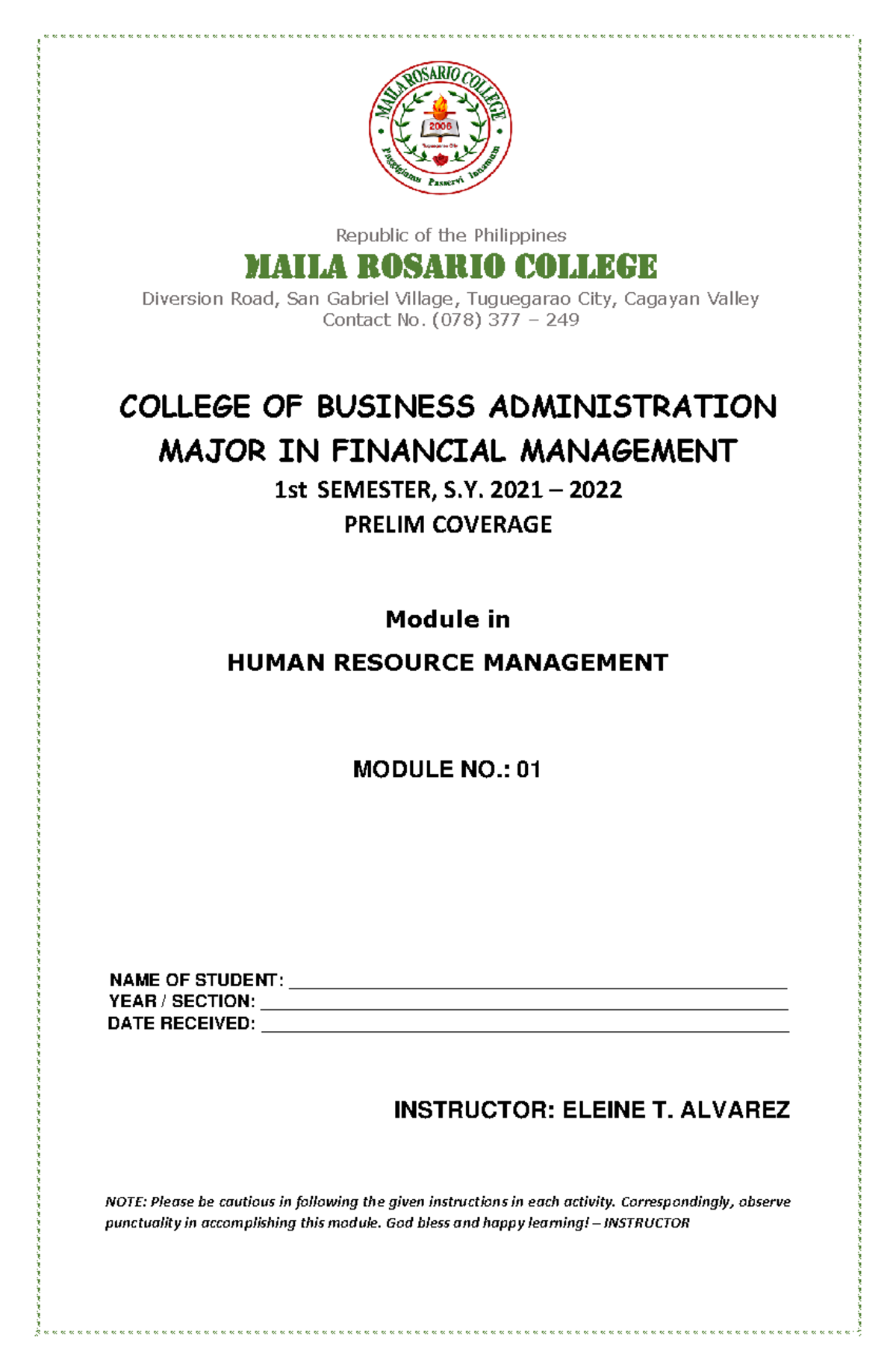 HRM module-1 - Module 1 - COLLEGE OF BUSINESS ADMINISTRATION MAJOR IN ...