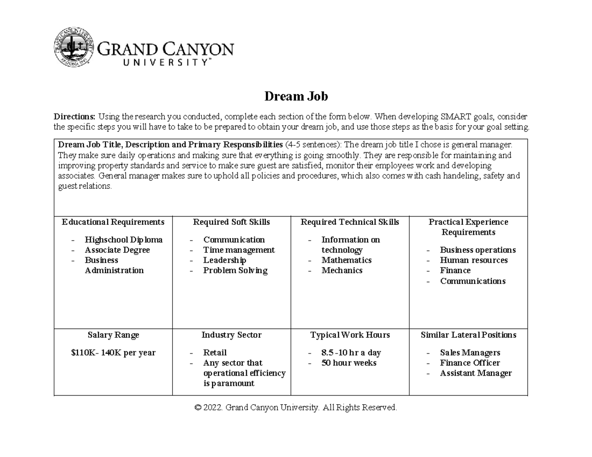 HOS 200 RS Dream Job Assignment: Setting SMART Goals for Career Success ...