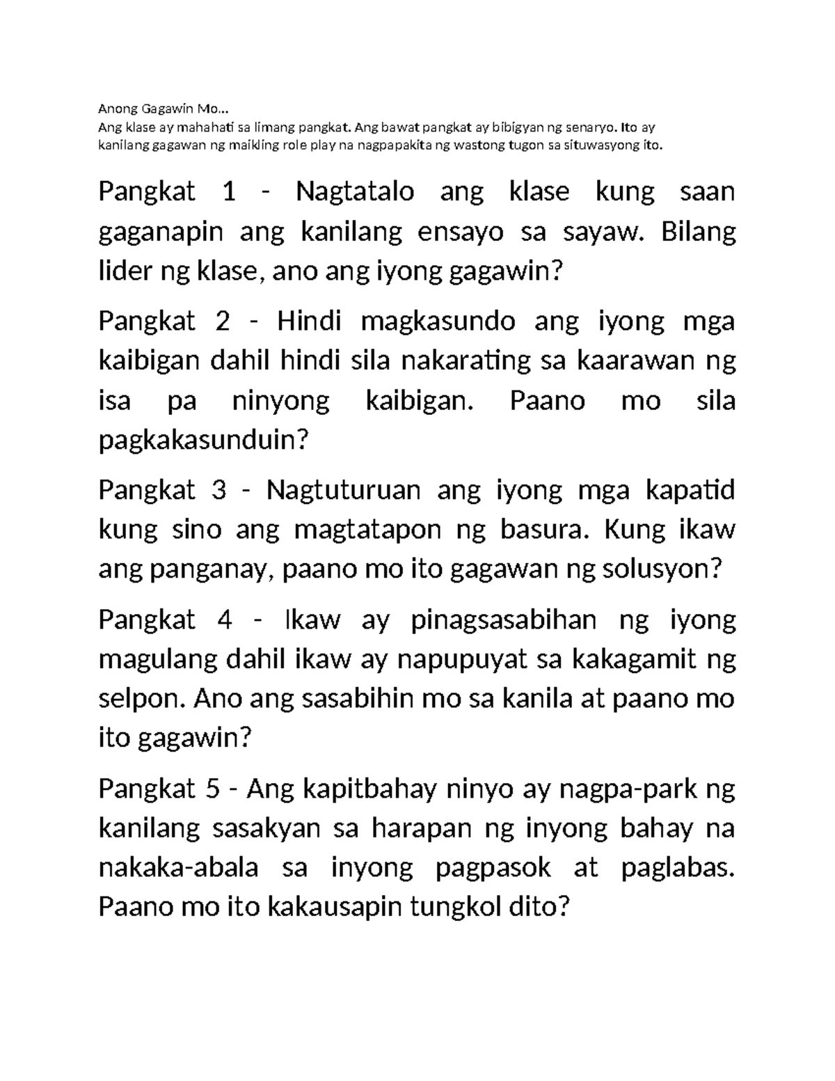 Role Play Scenarios for Class Activity - MT Course - Studocu