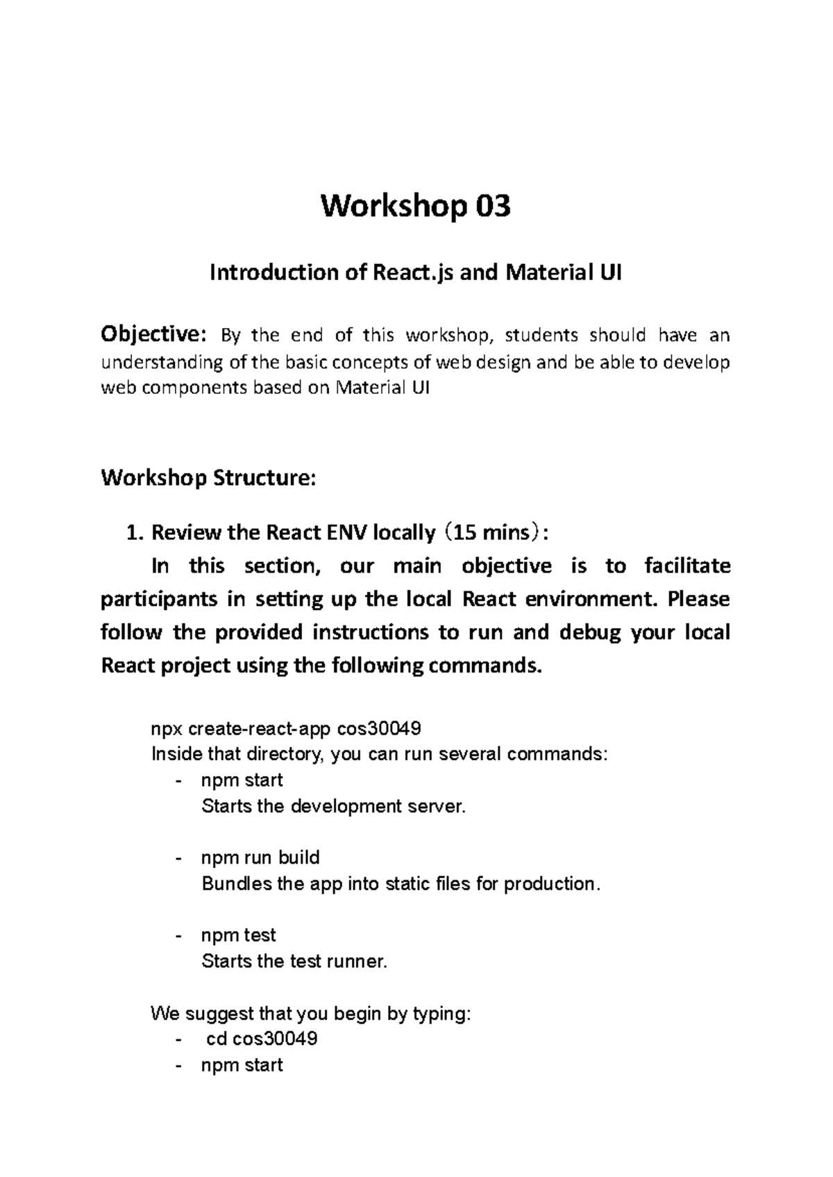 COS30049 Workshop 03: Intro to React.js & Material UI - Studocu