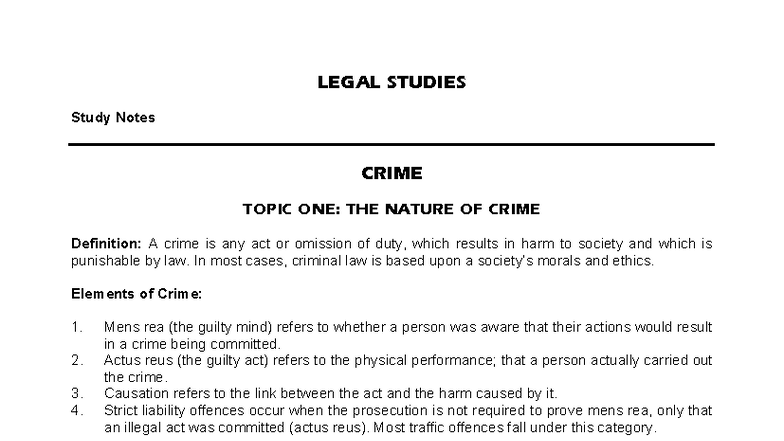 LEGAL STUDIES Study Notes: CRIME TOPIC ONE - NATURE OF CRIME - Studocu