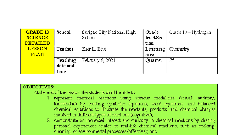 GRADE 10 SCIENCE: Detailed Lesson Plan on Chemical Reactions - Studocu