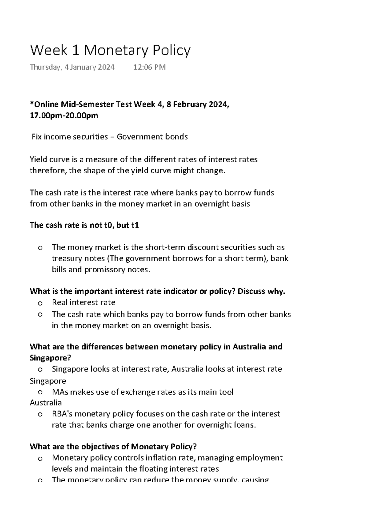 Monetary Policy Insights: Week 1 Review for ECON101 Mid-Semester Test ...