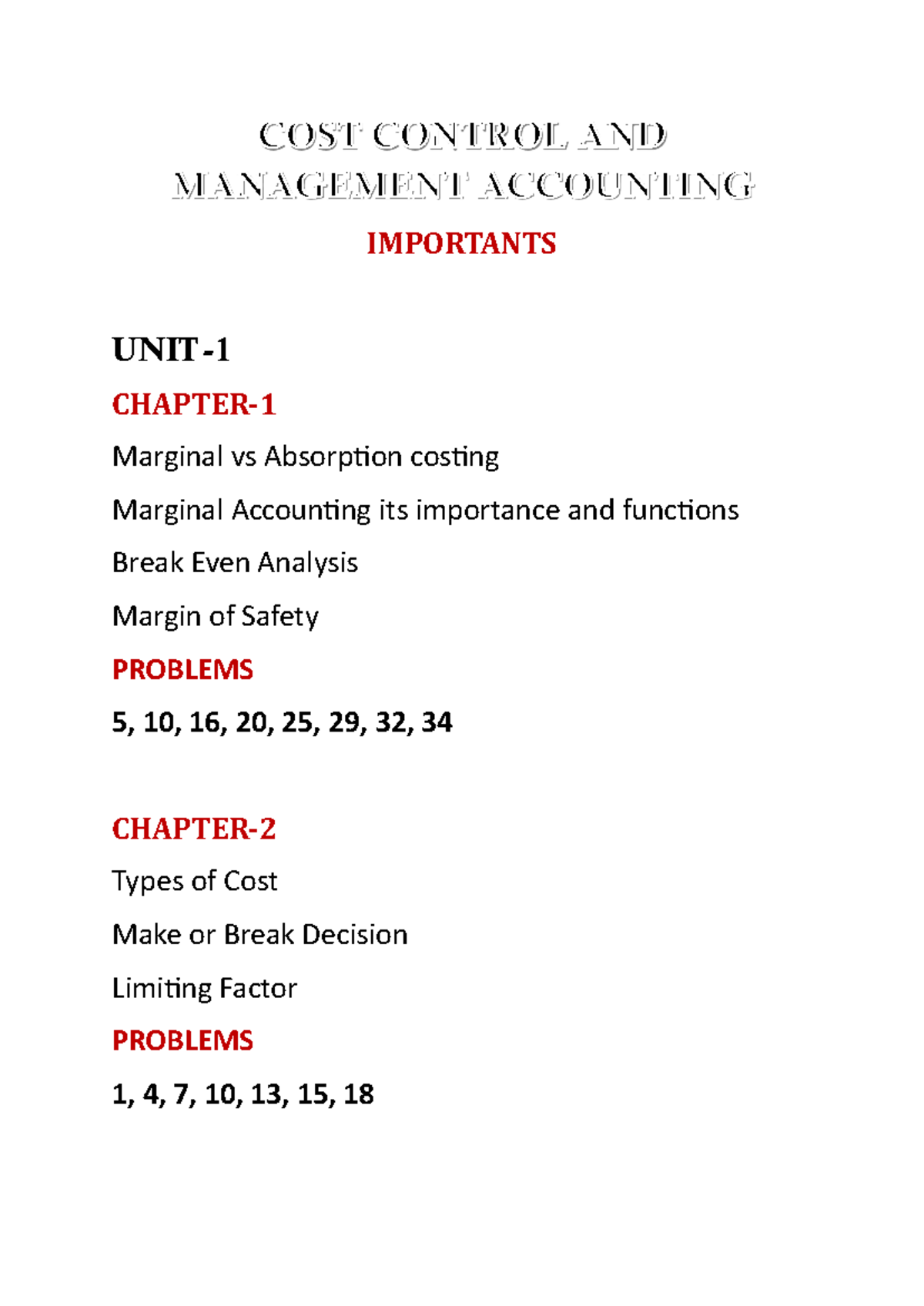 COST 301: Control & Management Accounting Key Concepts & Problems - Studocu
