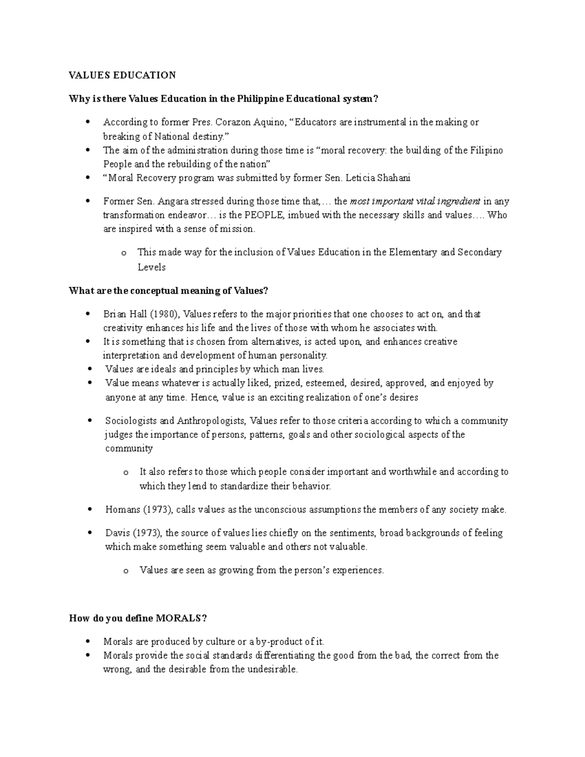Values Education: Lecture Notes for Chapter 2 Overview - Studocu
