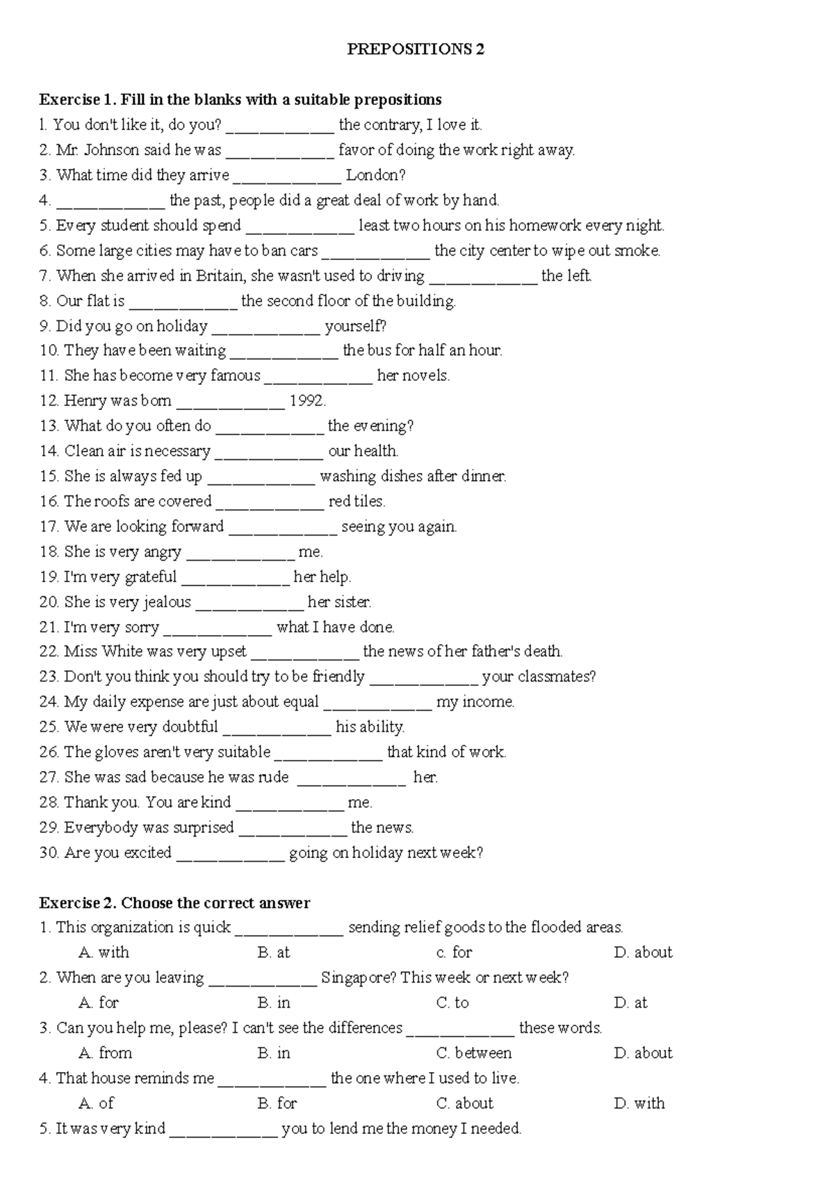 Prepositions Exercise 1 & 2 - English Language Practice - Studocu