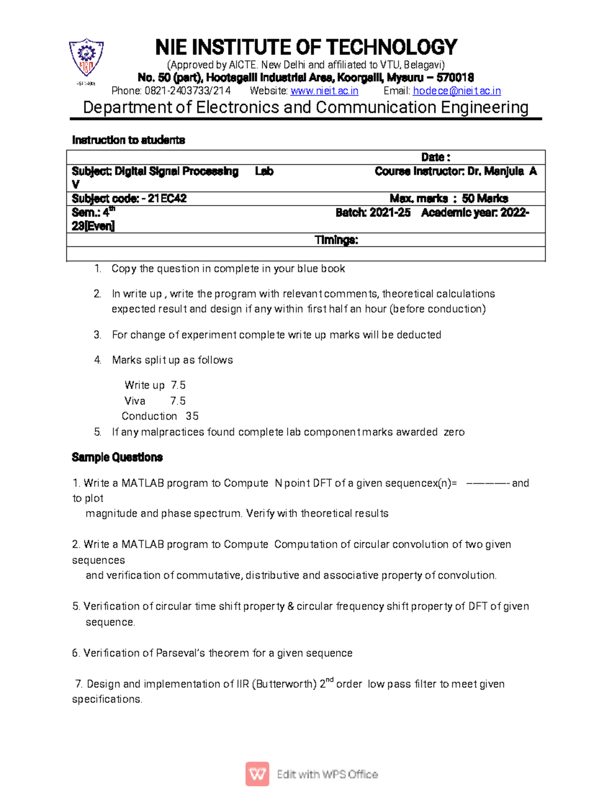 DSP Lab Sample Questions - 21EC42 for 2022 Academic Year - Studocu