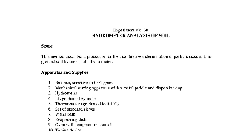 Experiment No. 3b: Hydrometer Analysis of Soil Procedure and Data - Studocu
