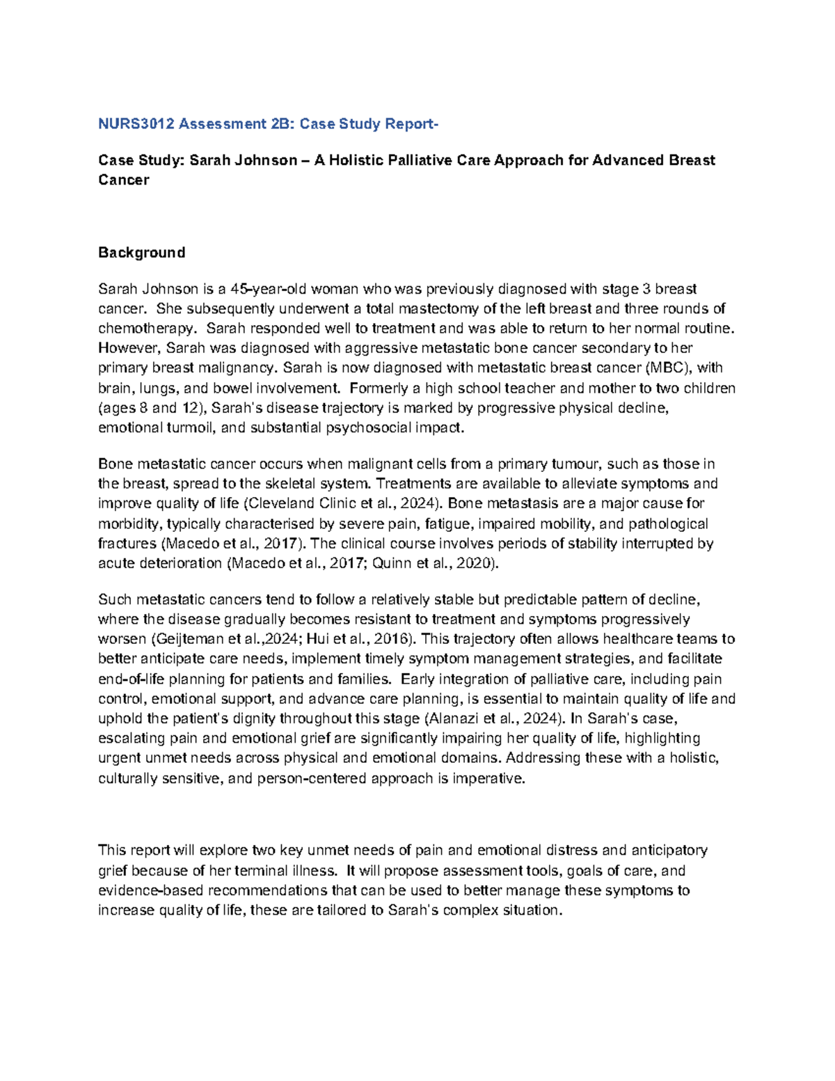 NURS3012 Assessment 2B: Holistic Palliative Care Case Study of Sarah ...