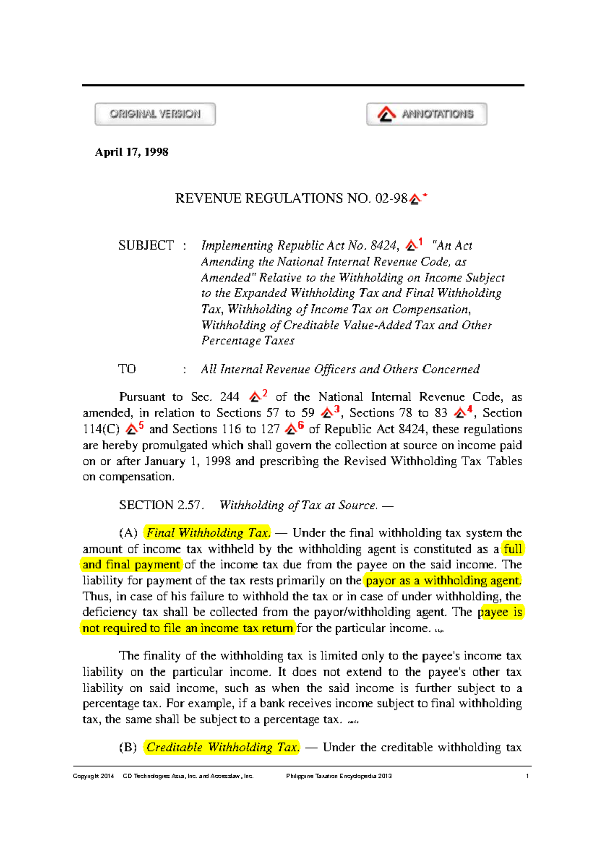RR 2-98: Updated Withholding Tax Regulations and Implementation Details - Document Preview