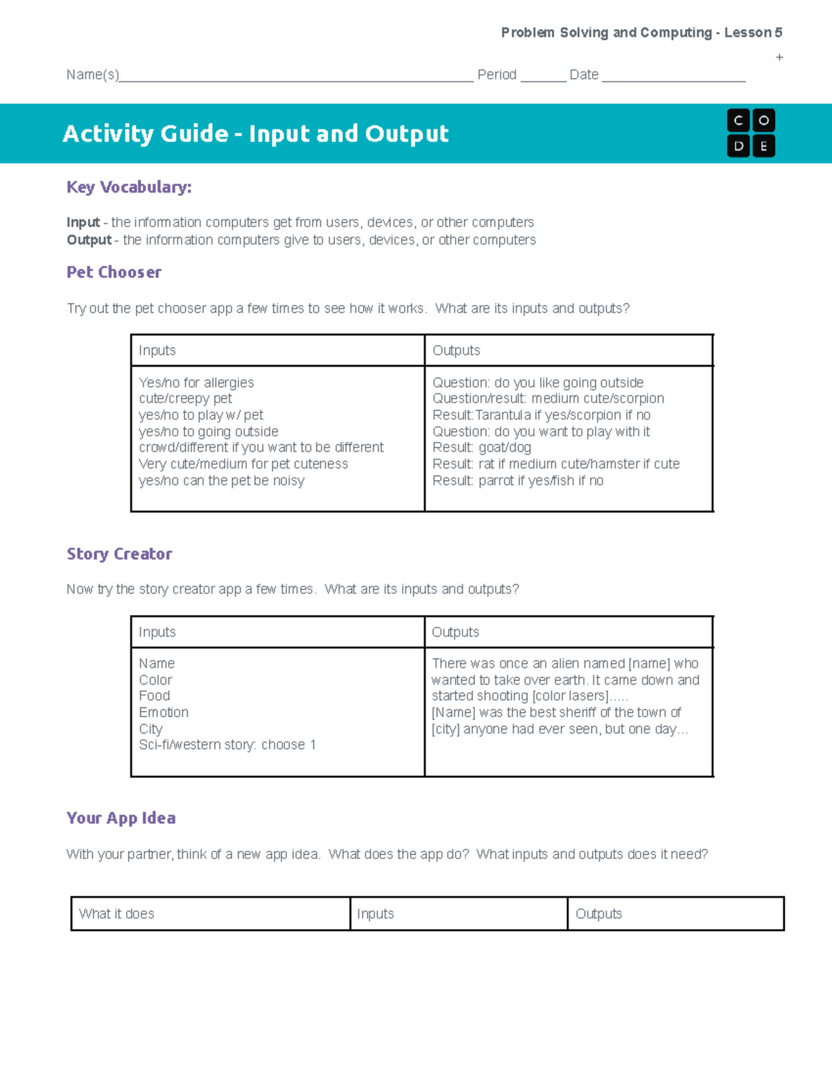 Copy of Amaker, U1L05 - Activity Guide - Input Output - Problem Solving ...