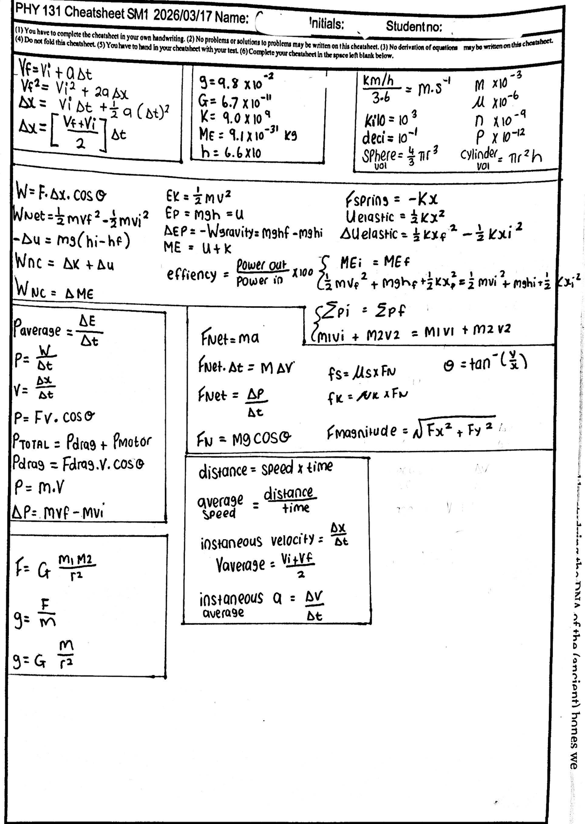 PHY 131 Semester 1 Cheatsheet: Key Formulas & Concepts - Studocu