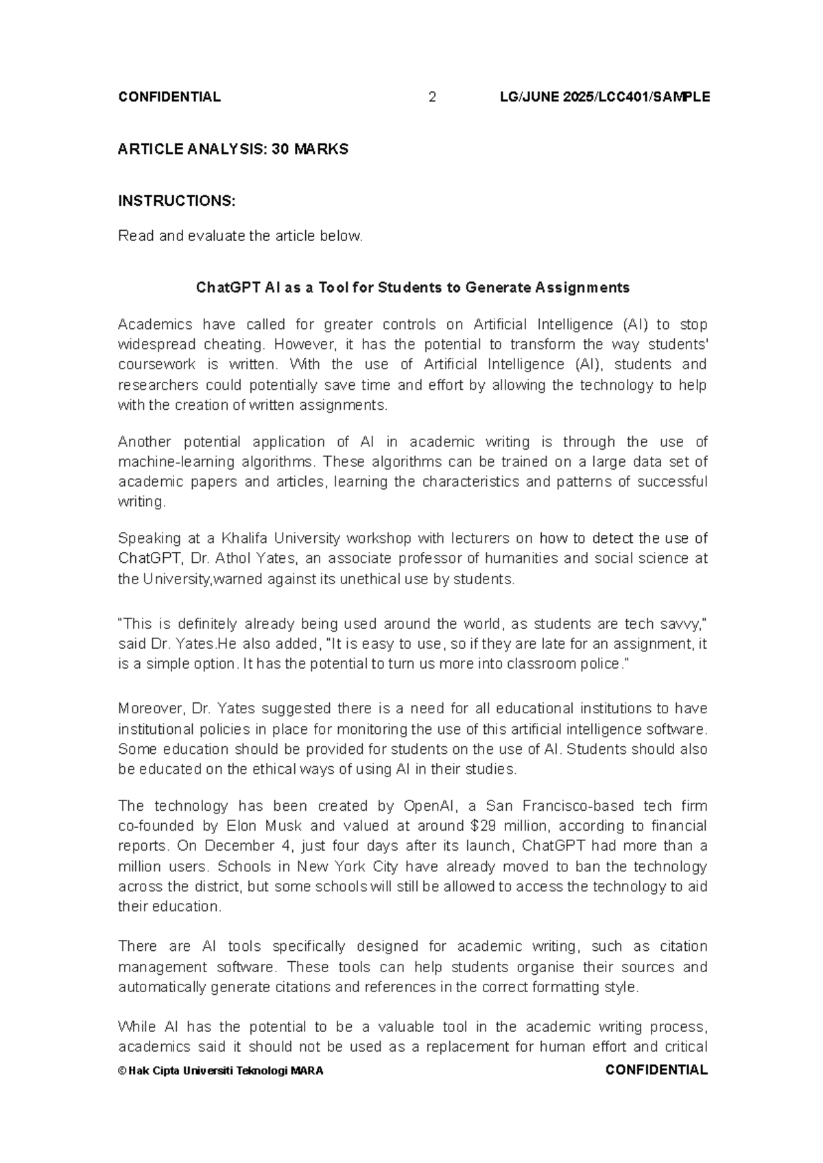 CONFIDENTIAL ARTICLE ANALYSIS: ChatGPT AI in Academic Writing - Studocu